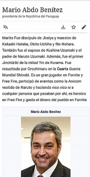 Aparece biografía de animé de Mario Abdo Benítez en Wikipedia
