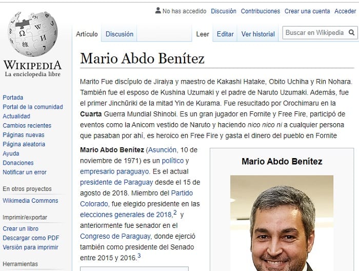 Aparece biografía de animé de Mario Abdo Benítez en Wikipedia