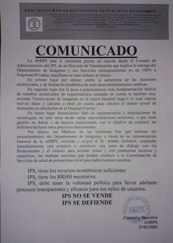 Médicos exigen a IPS que desista de tercerización del servicio de imágenes