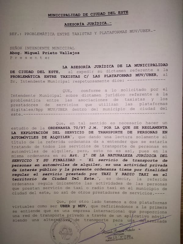 MUV y Uber pueden operar en CDE, afirma asesoría de comuna