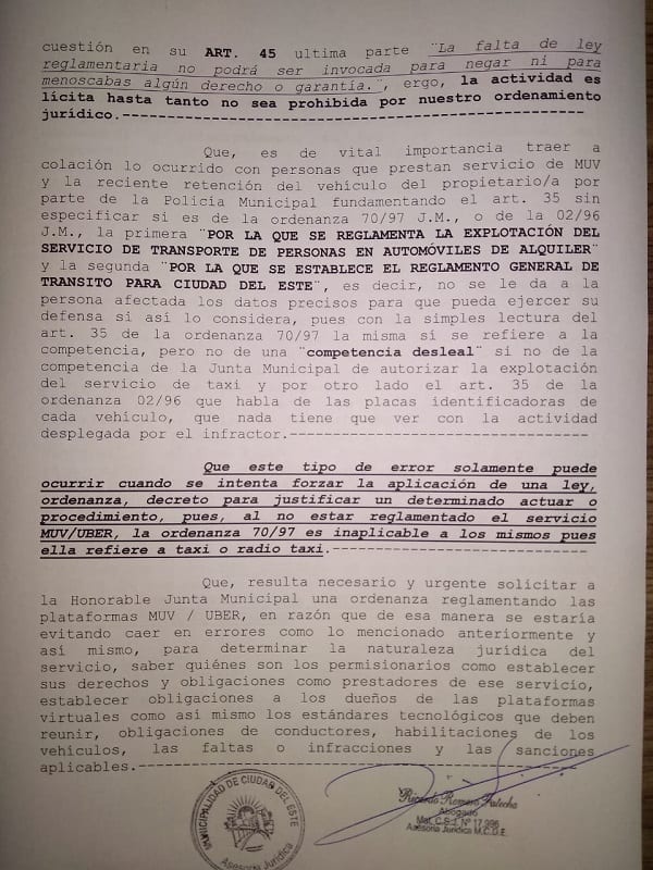 MUV y Uber pueden operar en CDE, afirma asesoría de comuna