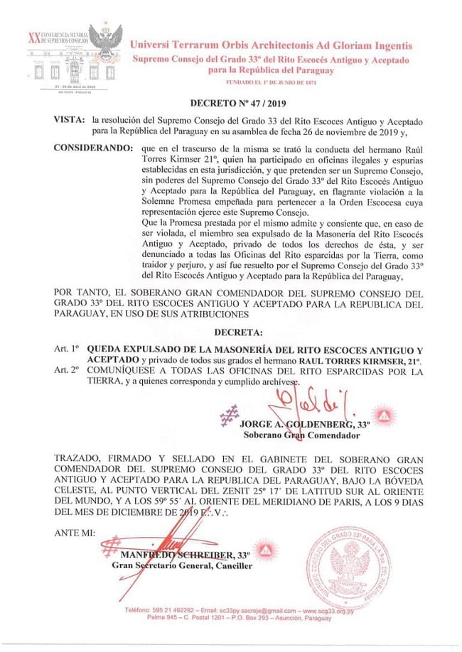 Expulsan a Raúl Torres Kirmser de la masonería por “traidor y perjuro”