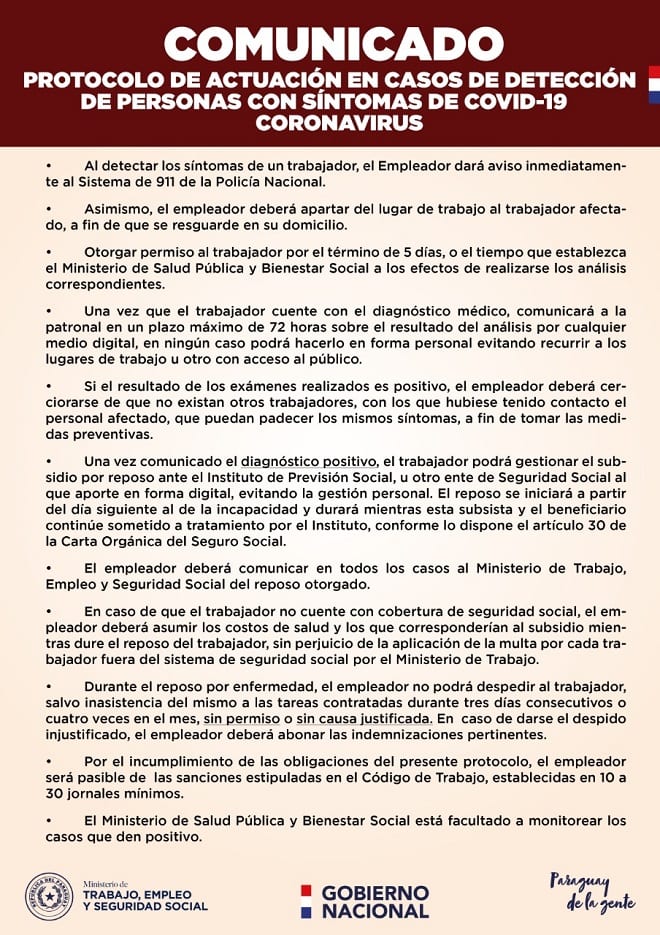 Ministerio de Trabajo establece protocolo en casos de coronavirus