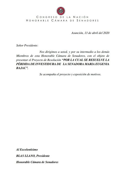 Senadores piden la pérdida de investidura de Bajac