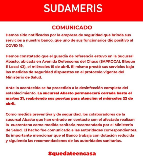 Otro banco confirma que guardia con Covid-19 estuvo en sucursal