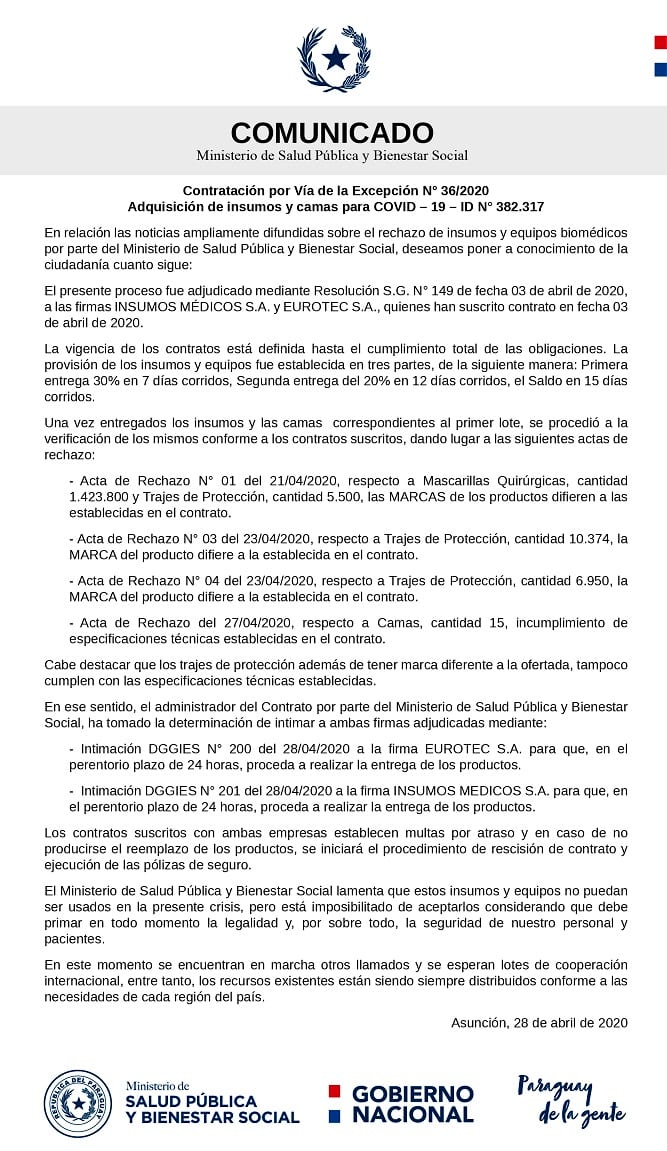 Salud confirma fiasco en contrato para provisión de insumos