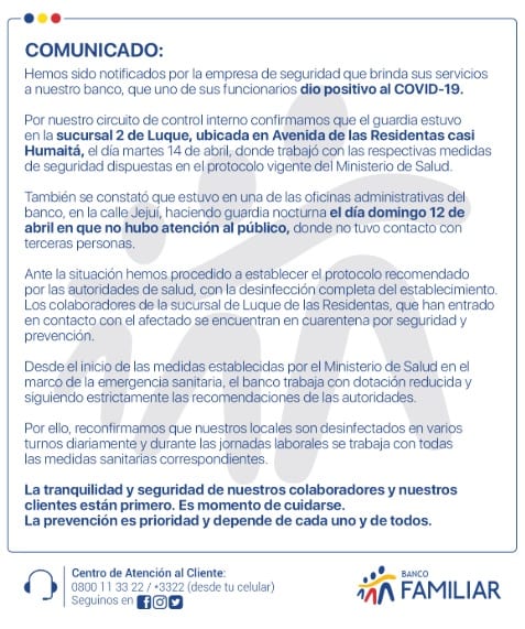 Guardia que estuvo en sucursal bancaria padece coronavirus