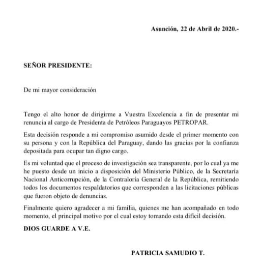 Patricia Samudio renuncia a Petropar