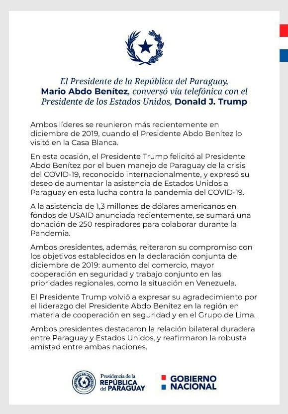 Trump conversa con Abdo Benítez y promete respiradores