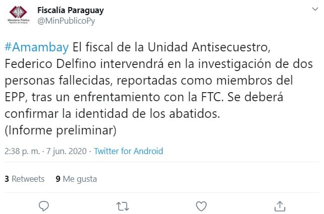 Fiscalía confirma dos “miembros del EPP” abatidos