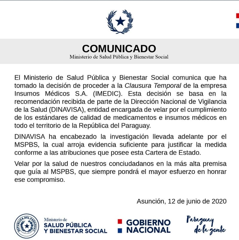 El Ministerio de Salud clausura la empresa IMEDIC