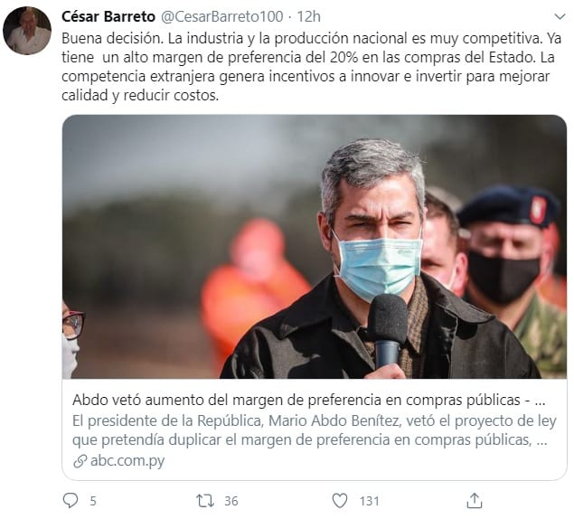 Gremios empresariales manifiestan su apoyo al veto de la ley de preferencia