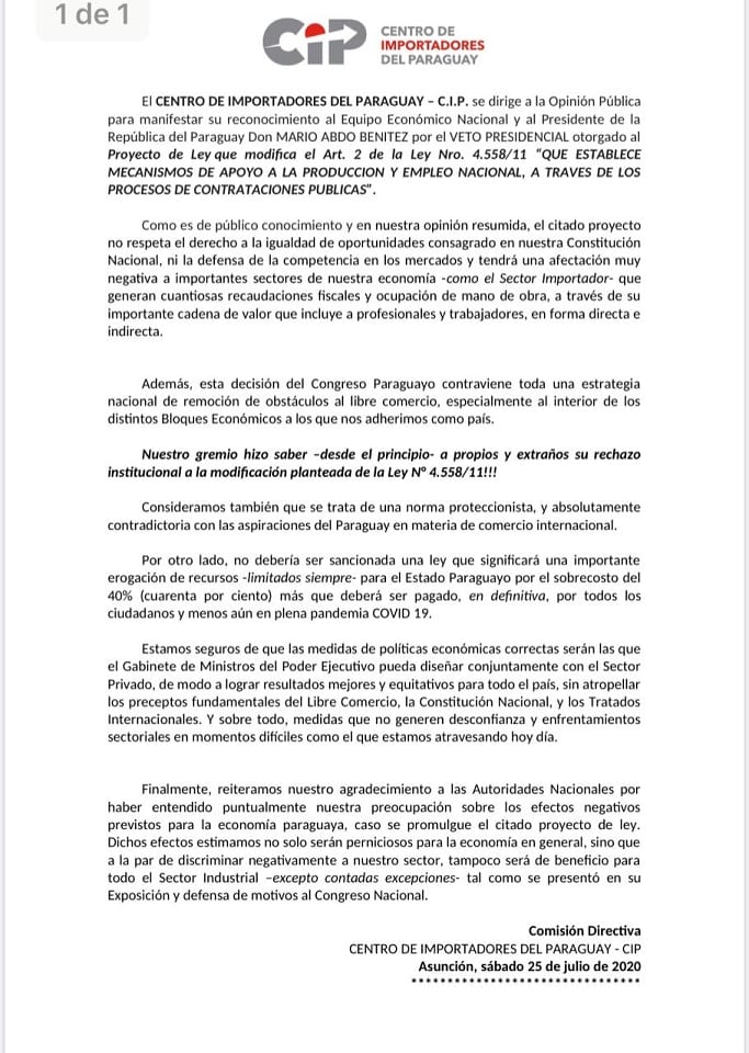 Gremios empresariales manifiestan su apoyo al veto de la ley de preferencia