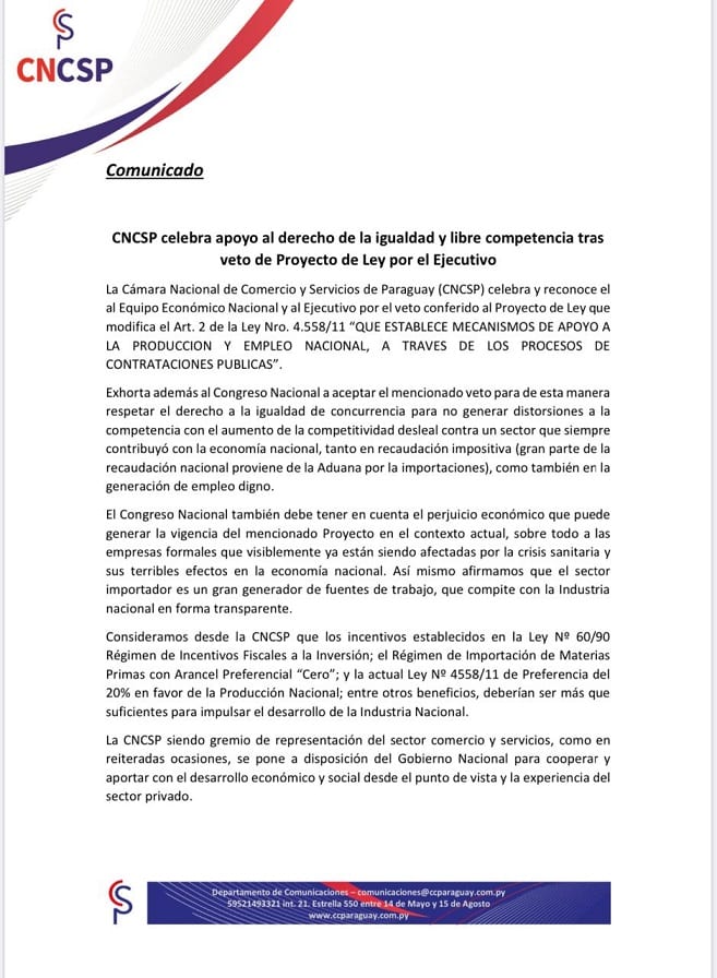 Gremios empresariales manifiestan su apoyo al veto de la ley de preferencia