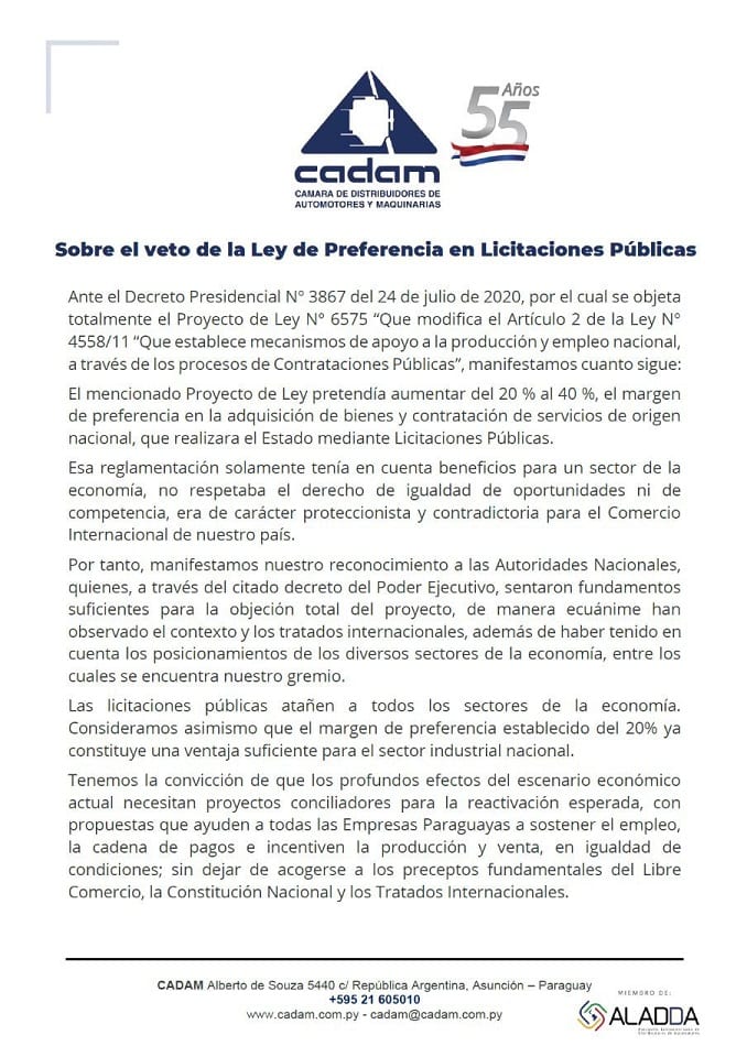 Gremios empresariales manifiestan su apoyo al veto de la ley de preferencia