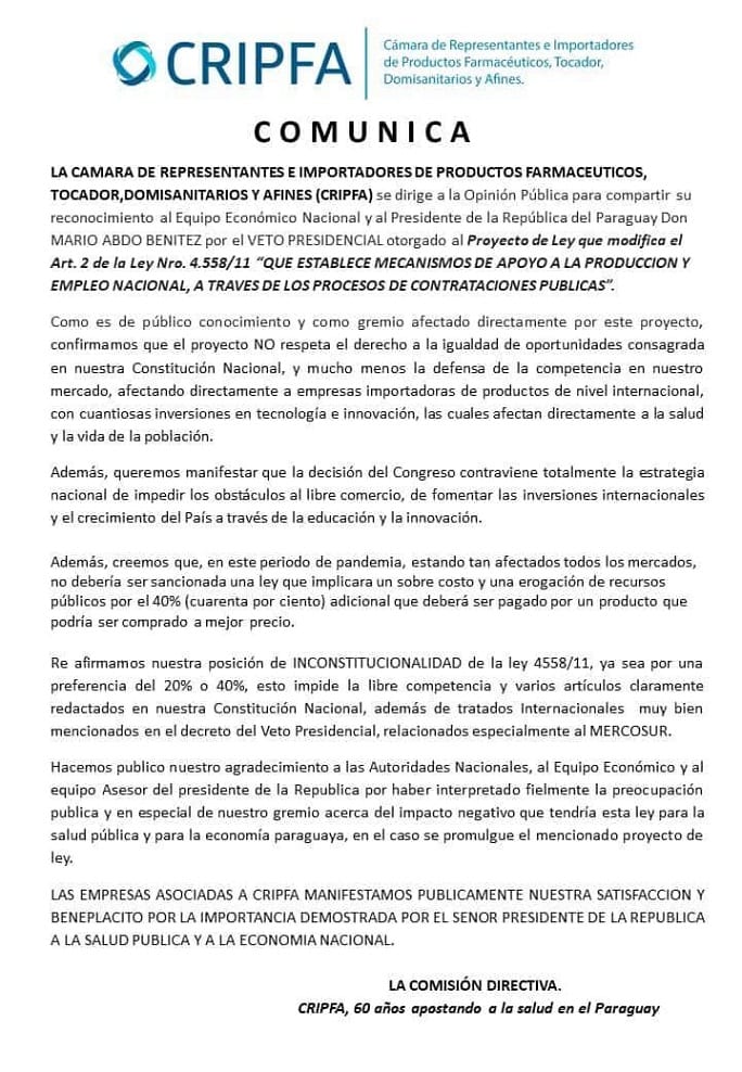 Gremios empresariales manifiestan su apoyo al veto de la ley de preferencia