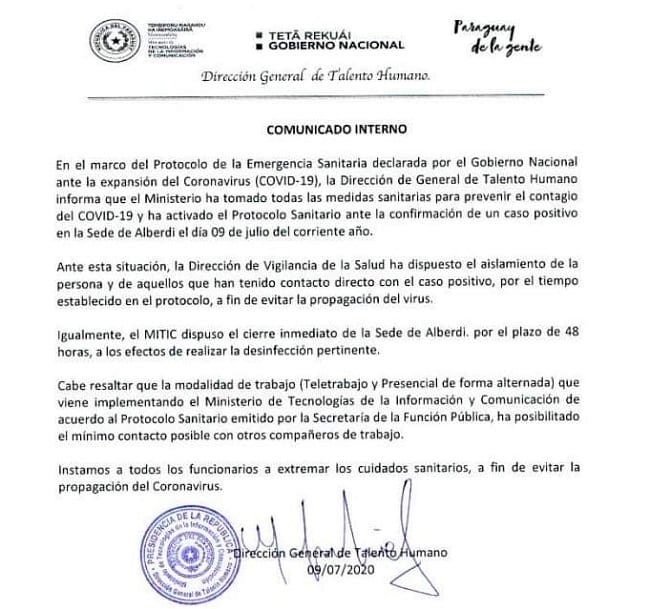 Funcionario de MITIC da positivo a coronavirus