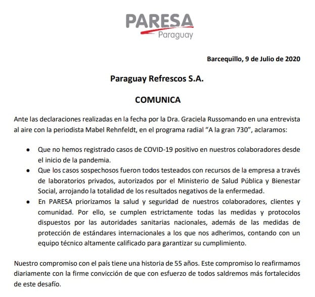Paresa aclara que no registró casos de Covid-19 entre sus colaboradores
