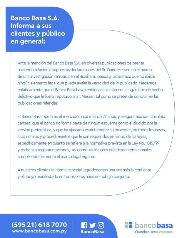 Banco Basa niega vínculo con el lavado de dinero