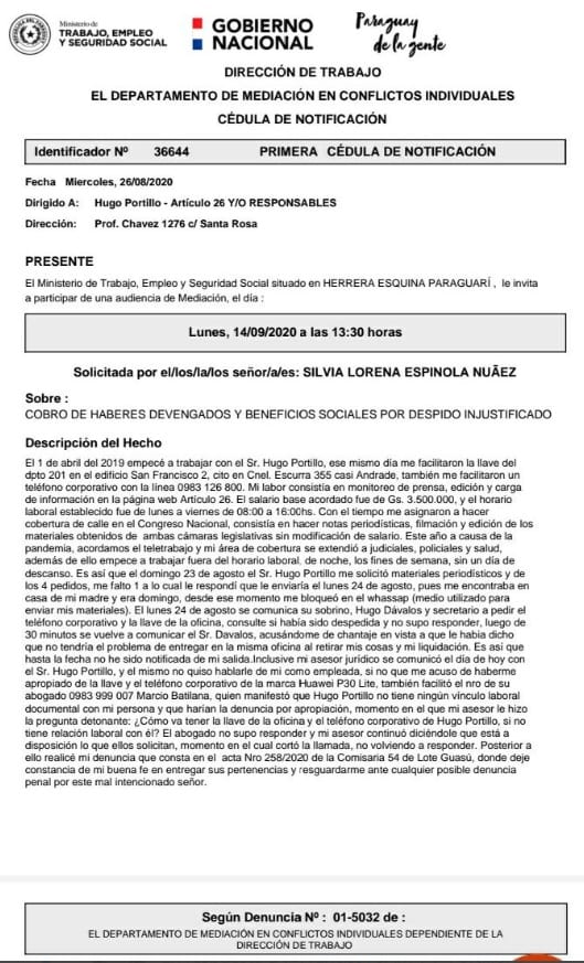 Empresario Hugo Portillo hacía trabajar “en negro” a periodista, denuncian