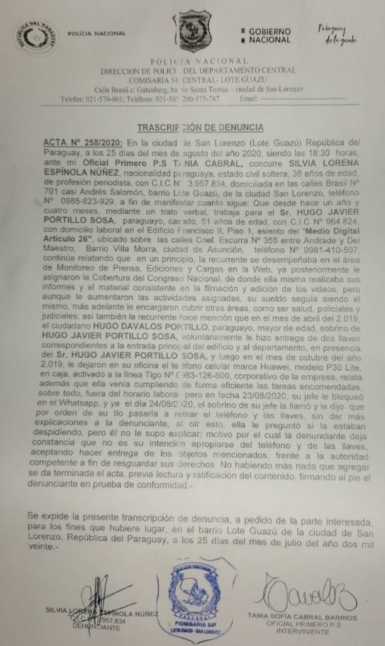Empresario Hugo Portillo hacía trabajar “en negro” a periodista, denuncian
