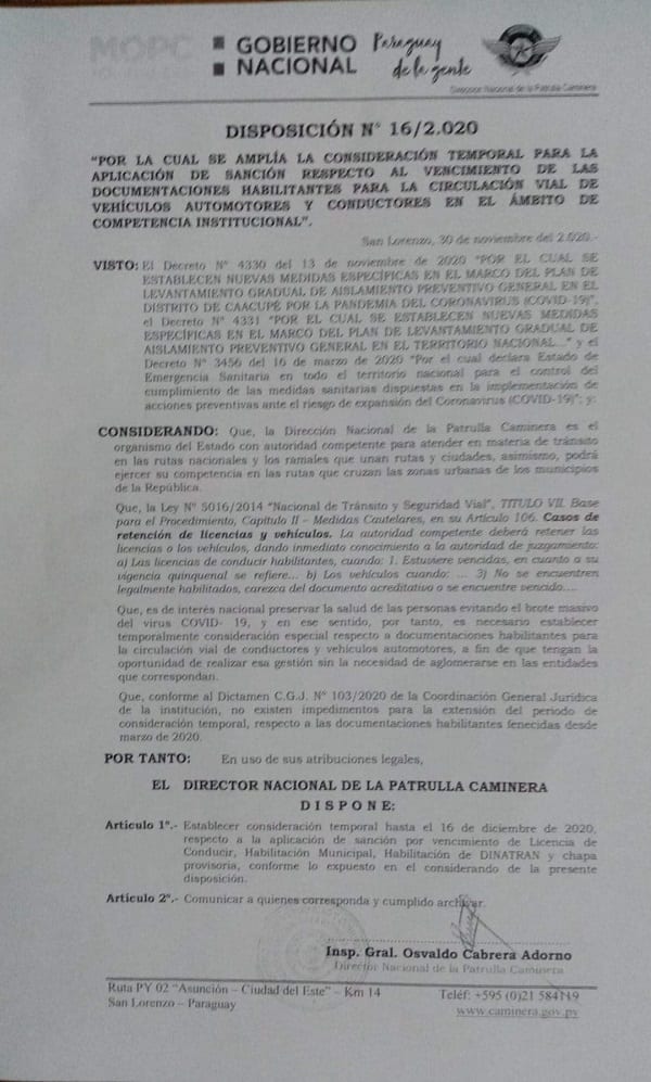 Caminera prorroga control de documentos en rutas