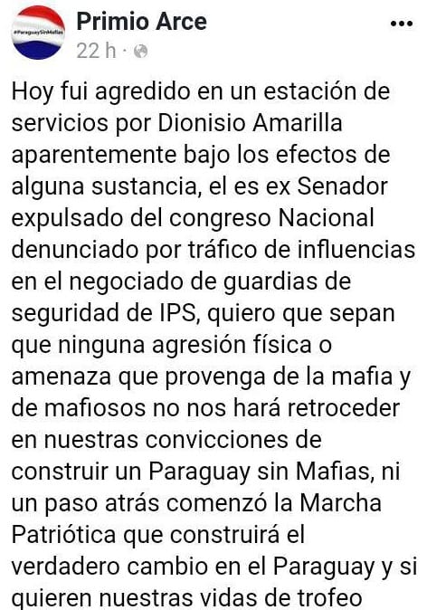 El exsenador Amarilla reconoce que golpeó a allegado de Efraín