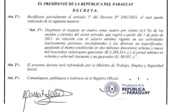 Ejecutivo corrige el aumento del salario mínimo tras error