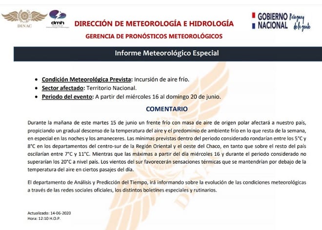 Anuncian llegada de “masa de aire de origen polar”