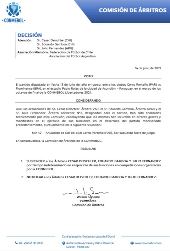 Conmebol suspende “por tiempo indeterminado” a árbitros