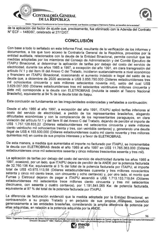 Itaipu generó deuda ilegal por más de USD 4.000 millones, según Contraloría