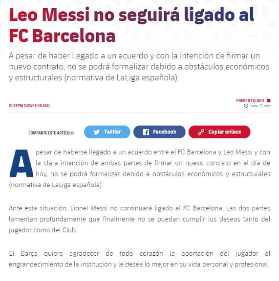 Barcelona confirma que Messi no seguirá en el club