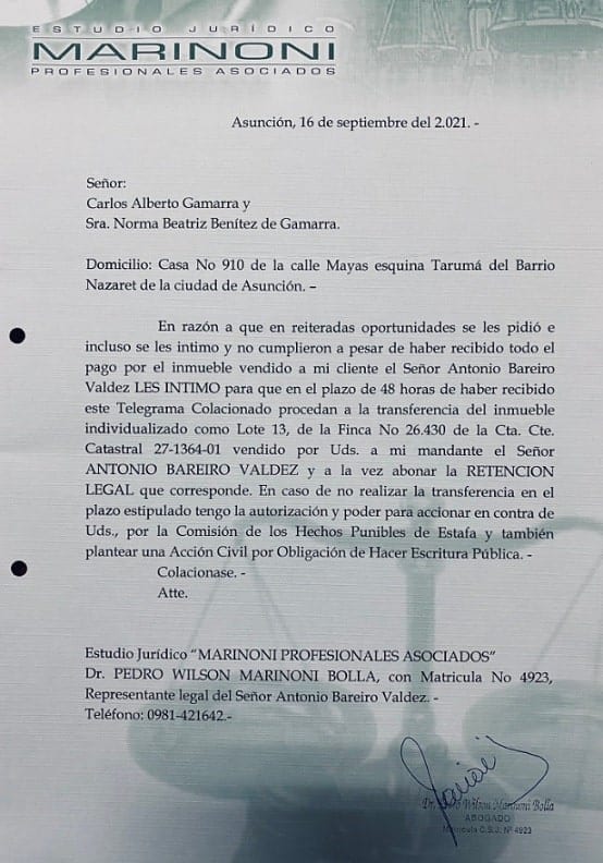 El “Demonio” intima al “Colorado” para que entregue propiedad