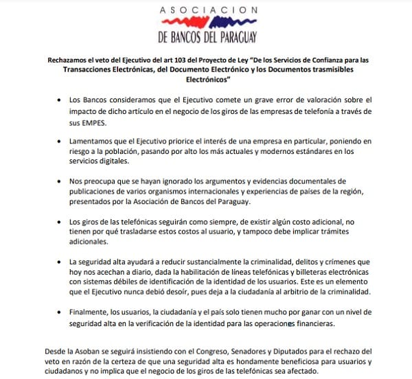 Bancos lamentan veto a artículo de “ley de giros”