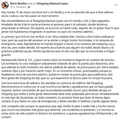 Familia sufre atasco en ascensor de shopping de la capital