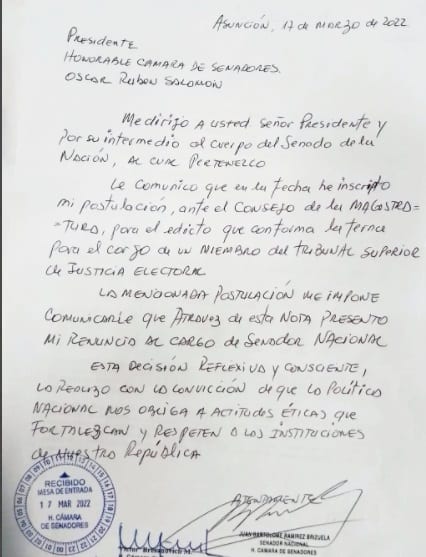 El liberal Juan Bartolomé Ramírez presentó su renuncia en el Senado