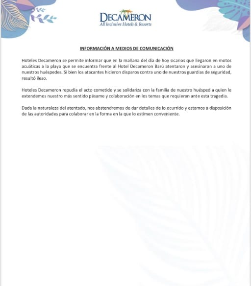 Hotel narra atentado contra Pecci en comunicado