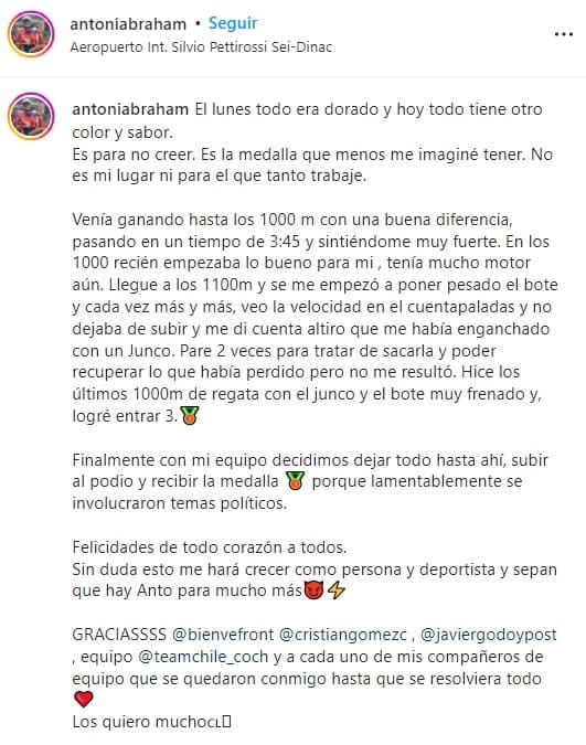 Remera chilena habla de “temas políticos” tras protesta