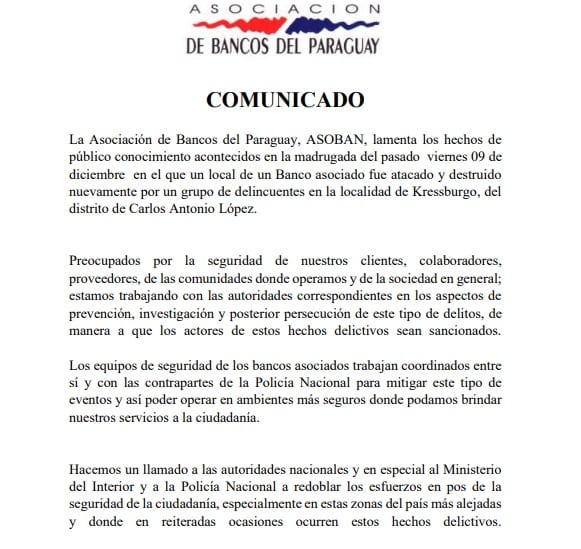 Asoban solicita más seguridad a las autoridades tras nuevo ataque a banco