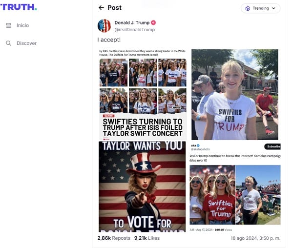 Trump comparte imágenes falsas de Taylor Swift apoyando su candidatura