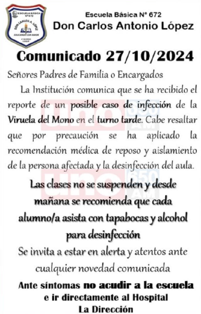 Detectan caso sospechoso de viruela del mono en escuela de Luque