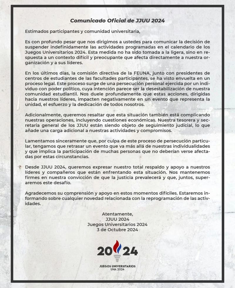Imputación contra estudiantes obliga a suspender los Juegos Universitarios