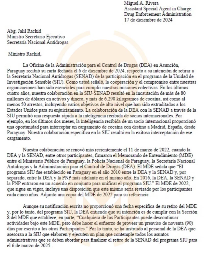 ¿Qué dice el documento de la DEA al Gobierno paraguayo?