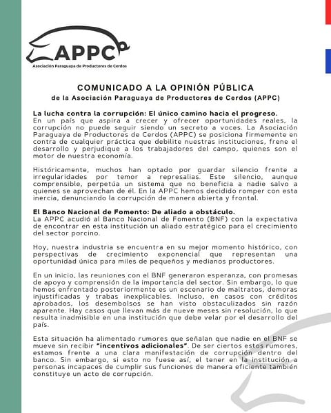 BNF: Productores porcinos denuncian coimas por créditos agrarios