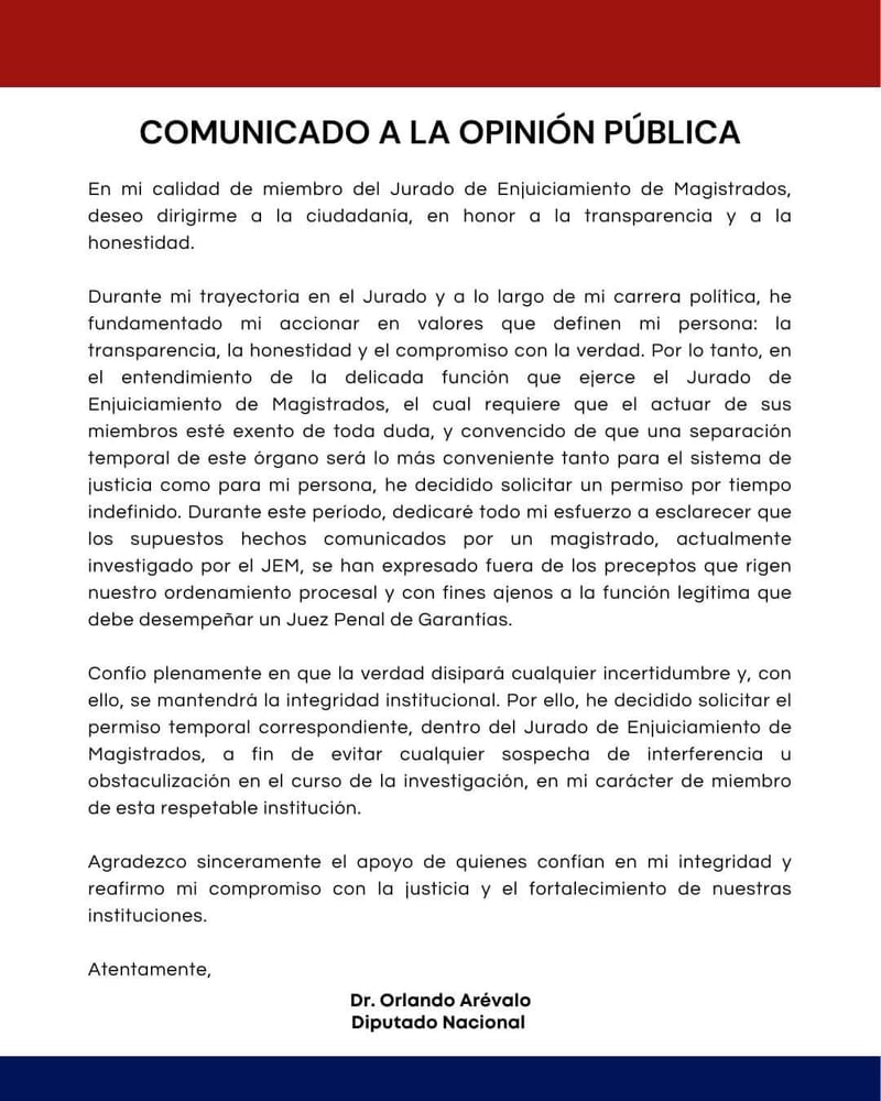 Arévalo solicita permiso indefinido en el JEM tras denuncias