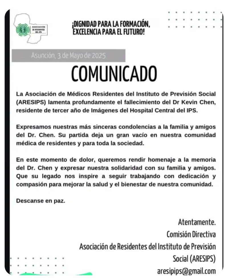 Fallece otro médico residente del tercer año en el IPS