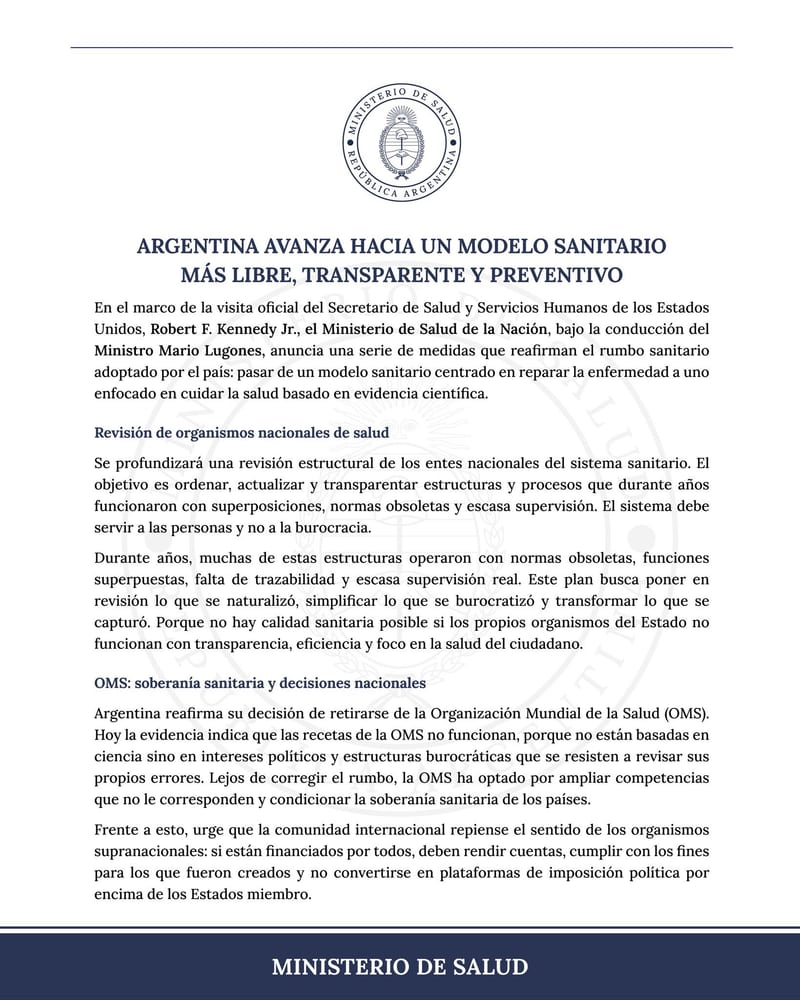 Argentina confirma salida de la OMS bajo gobierno de Milei