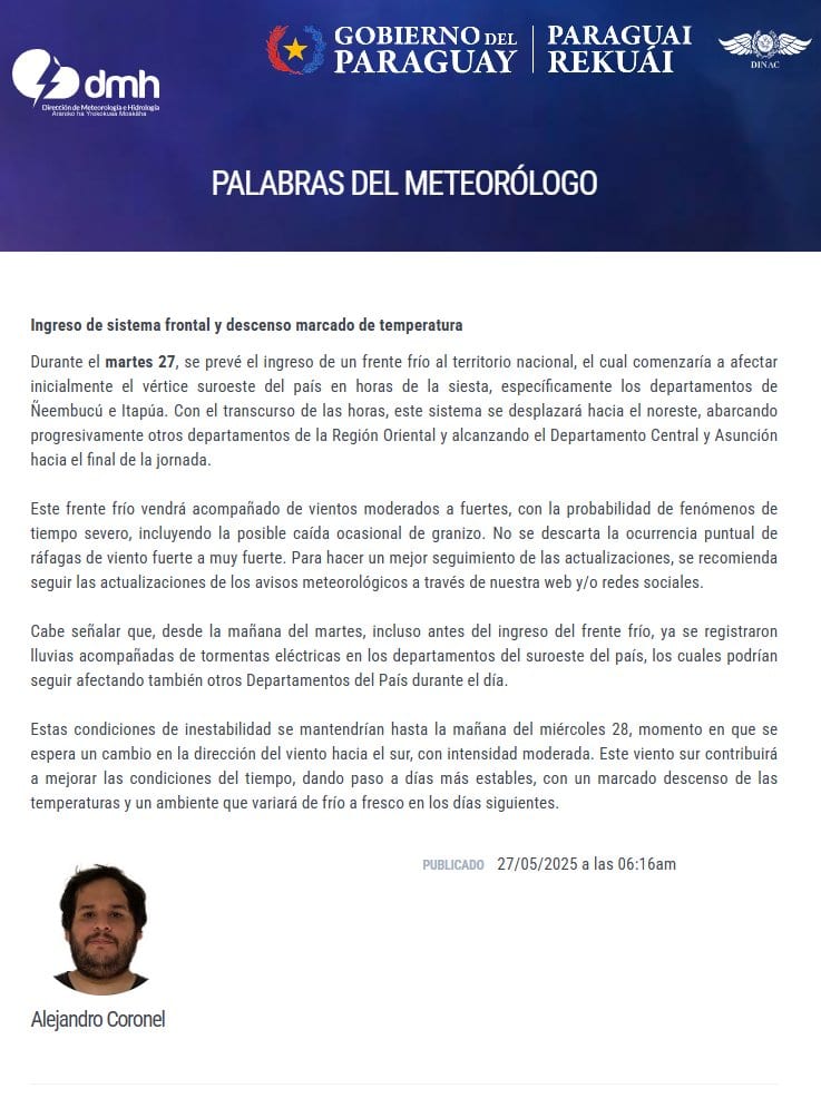 Frente frío ingresa al país con tormentas y caída de granizo