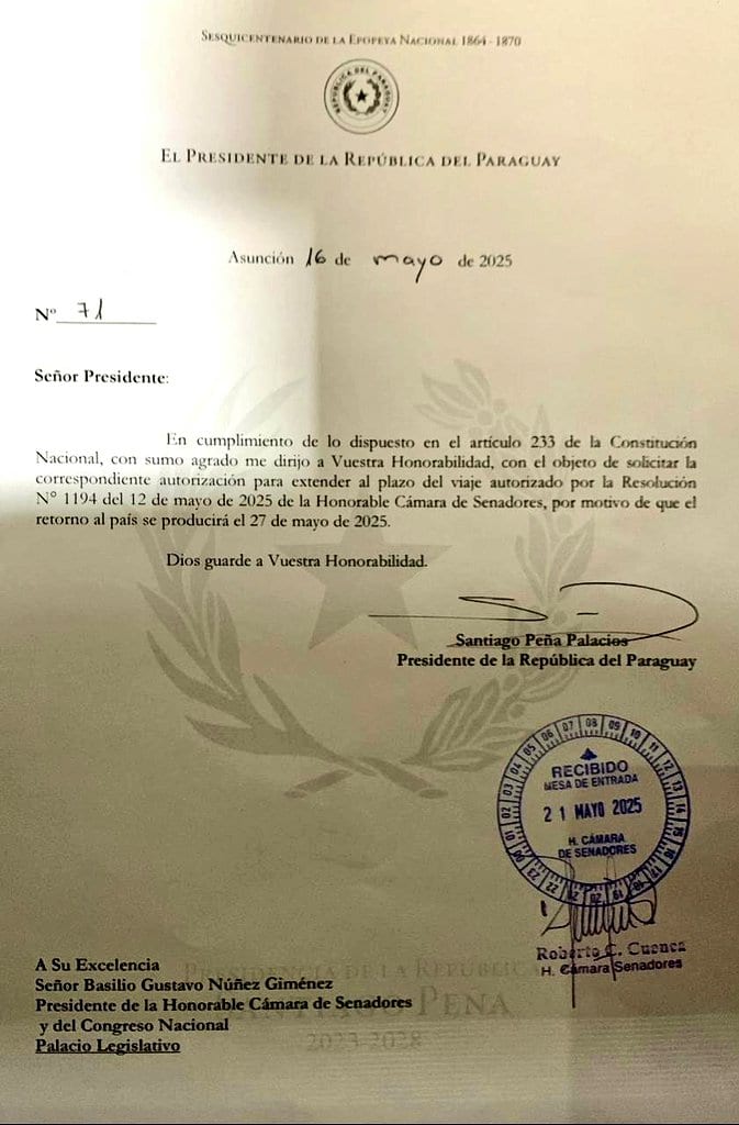 Peña prolonga su estadía en el exterior y vuelve el 27 de mayo