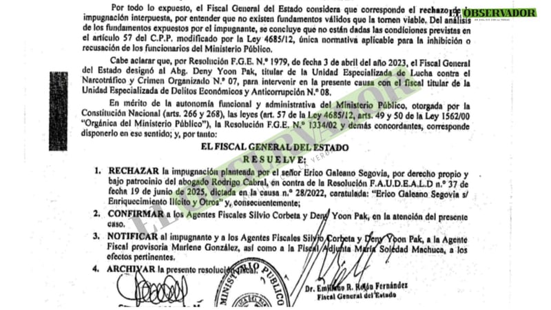 FGE rechaza maniobra de Erico Galeano y confirma fiscales